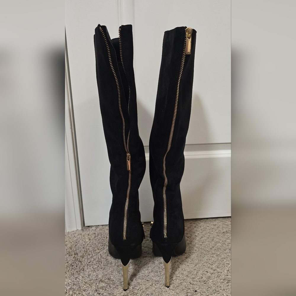 JustFab Black Over-the-Knee Stiletto Boots with Gold Trim - Picture 4 of 4